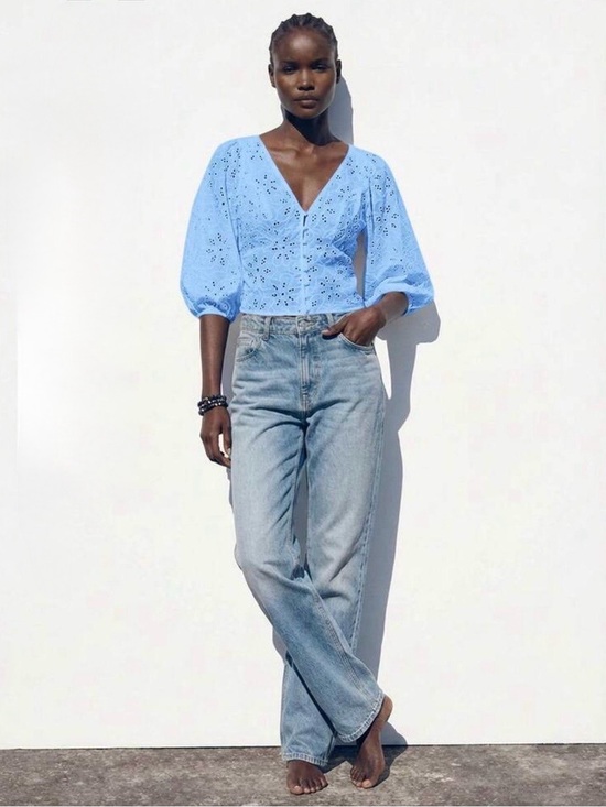 Musera Tops - Sky Blue Eyelet V-Neck Puff Sleeve Blouse